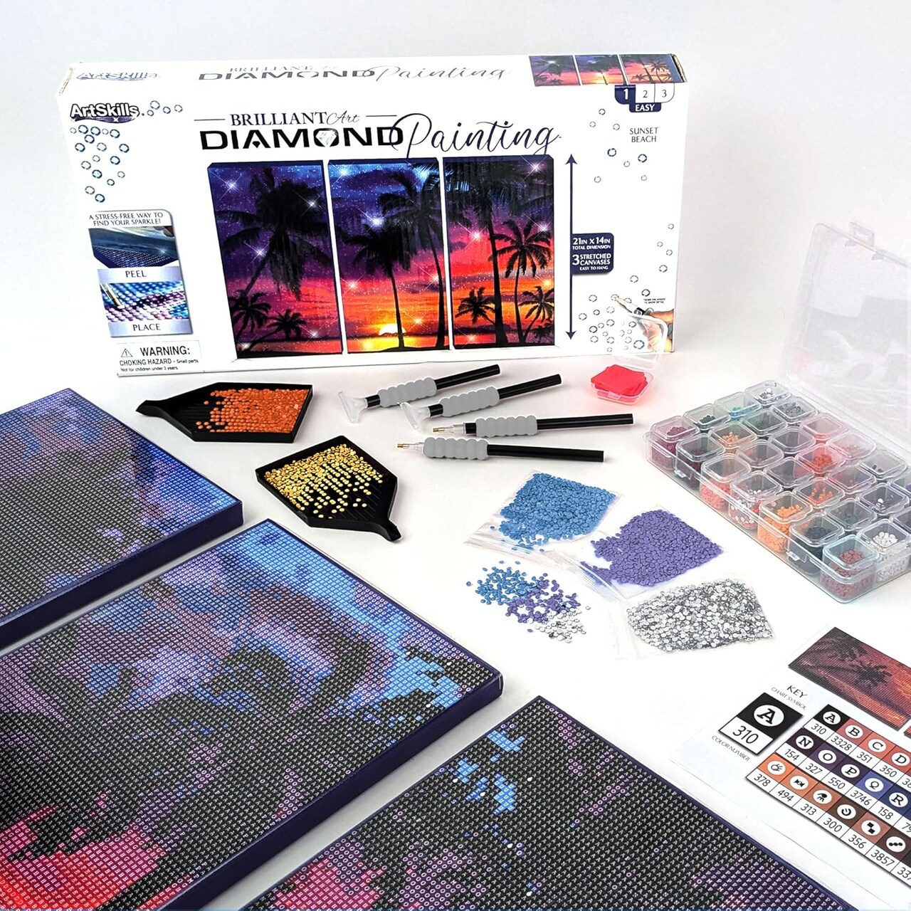 Diamond Painting Kit, Diamond Art on Framed Canvas with Gem Storage Case and Accessory Kit, Beach, 3 Stretched Canvas Panels,